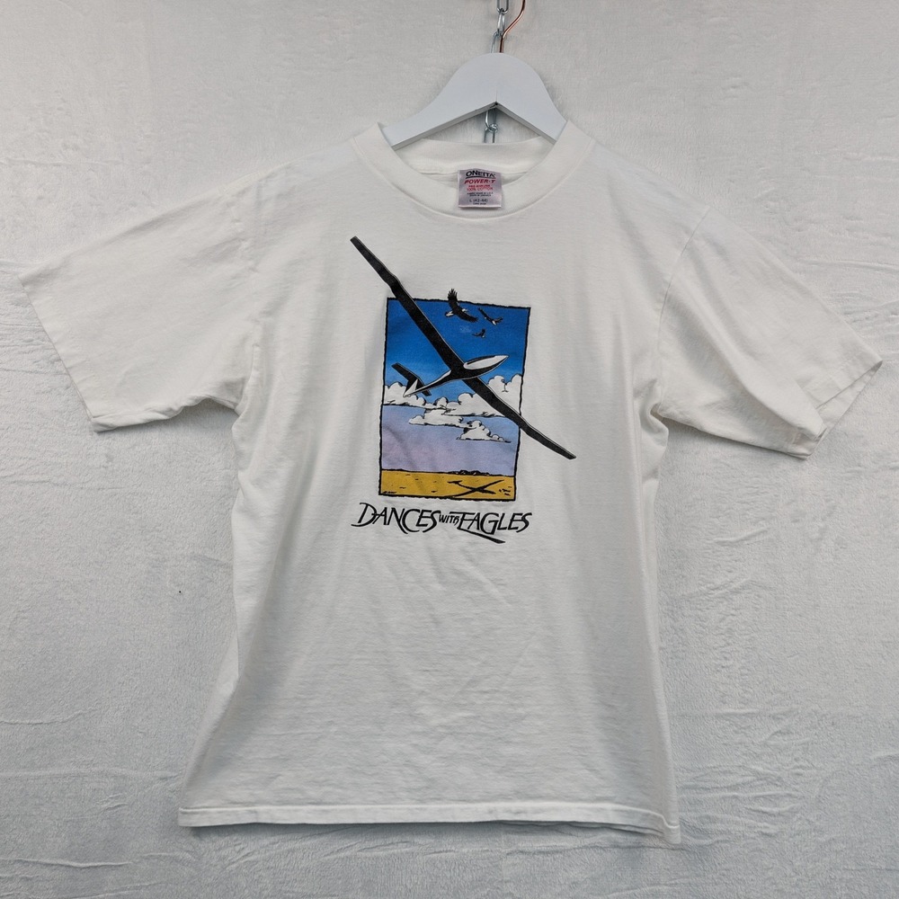VTG Art T-Shirt Men's Large White Dances With Eagles Glider Aviation Planes 90s
